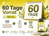 Infografik zum 60-Tage-Vorrat von Berberin mit einem Kalender-Symbol und der Dose.