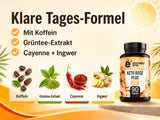 Infografik zur Keto Day Formel mit Koffein, Grüntee-Extrakt, Cayenne und Ingwer.