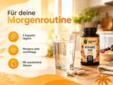 Morgenroutine mit Keto Base Day Dose, einem Glas Wasser und Hinweisen zur Einnahme.