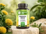 Rhodiola Rosea Dose dekoriert mit Rosenwurz-Pflanzen und zwei Kapseln. Vorschau