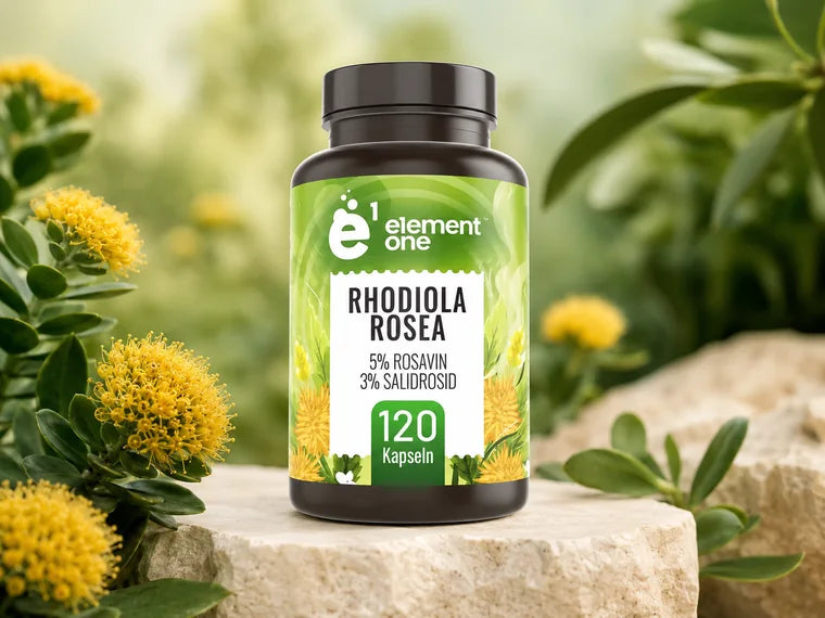 Rhodiola Rosea Dose dekoriert mit Rosenwurz-Pflanzen und zwei Kapseln.