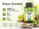 Infografik zur Formel: 500 mg Rhodiola Rosea Extrakt mit Rosavin und Salidrosid.