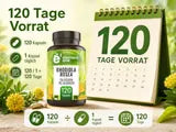 Infografik zum 120-Tage-Vorrat von Rhodiola Rosea mit Kalender und Produkt-Dose.