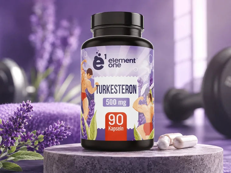 Turkesterone-Dose mit Kapseln in einer sportlich-modernen Umgebung.