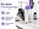 Sportliche Routine mit Turkesterone-Dose, Kapseln und einer Wasserflasche.