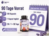 Infografik zum 90-Tage-Vorrat von Turkesterone mit Kalender und Produkt-Dose.